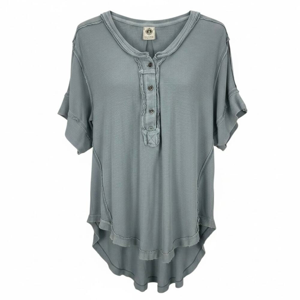 WE THE FREE Women's HERITAGE HENLEY SLOUCHY TOP Short Sleeve Blue Size LARGE